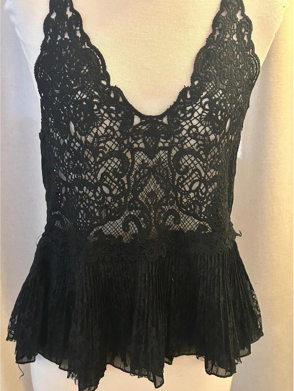 Black Sheer Lace Spaghetti Strap Top Floral Coquette Romantic Sleeveless Bust 34
